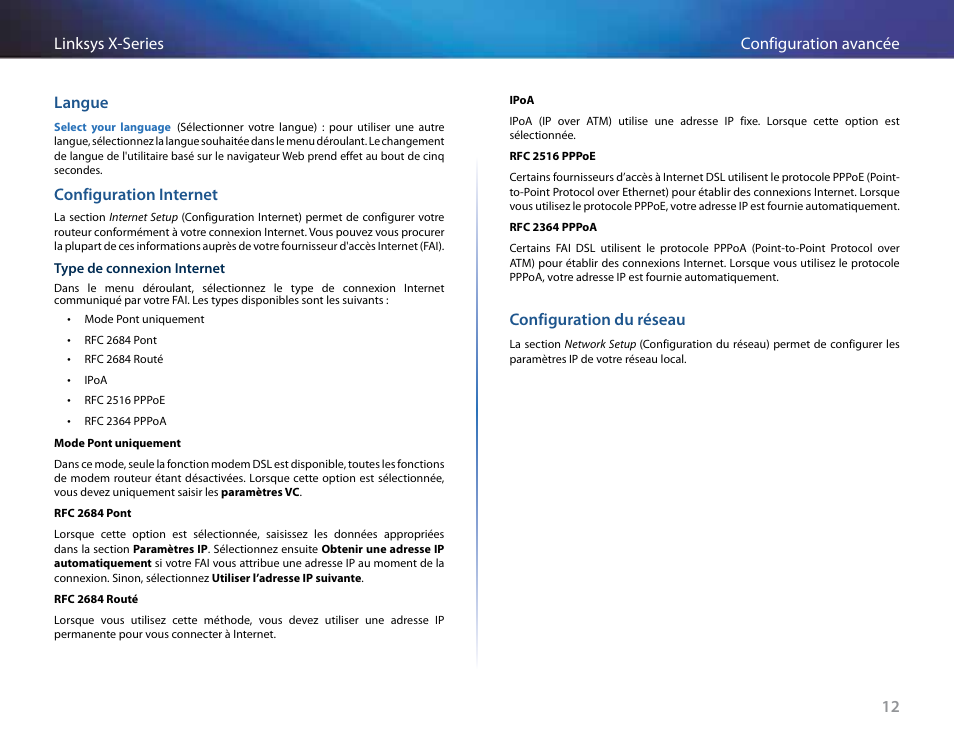 Langue, Configuration internet, Configuration du réseau | 12 configuration avancée linksys x-series langue | Linksys X-Series User Manual | Page 270 / 765