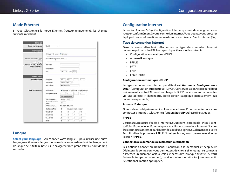 Mode ethernet, Langue, Configuration internet | Linksys X-Series User Manual | Page 271 / 765