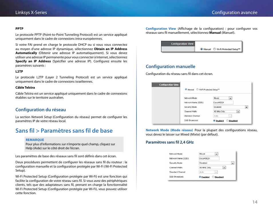 Configuration du réseau, Configuration manuelle, Sans fil > paramètres sans fil de base | Linksys X-Series User Manual | Page 272 / 765