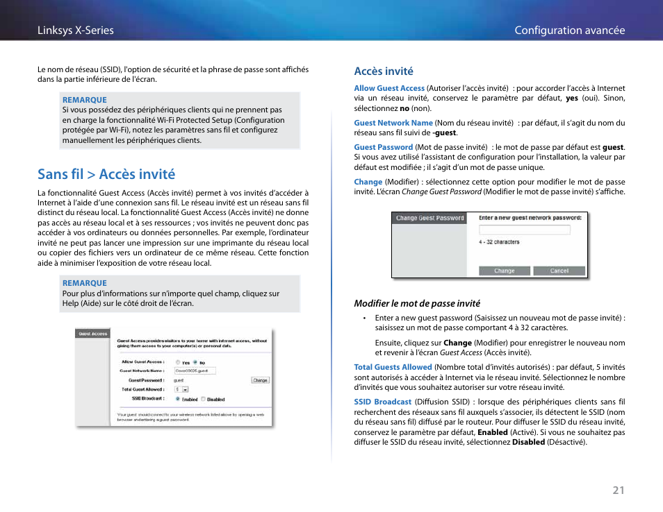 Sans fil > accès invité, Accès invité, 21 configuration avancée linksys x-series | Linksys X-Series User Manual | Page 279 / 765