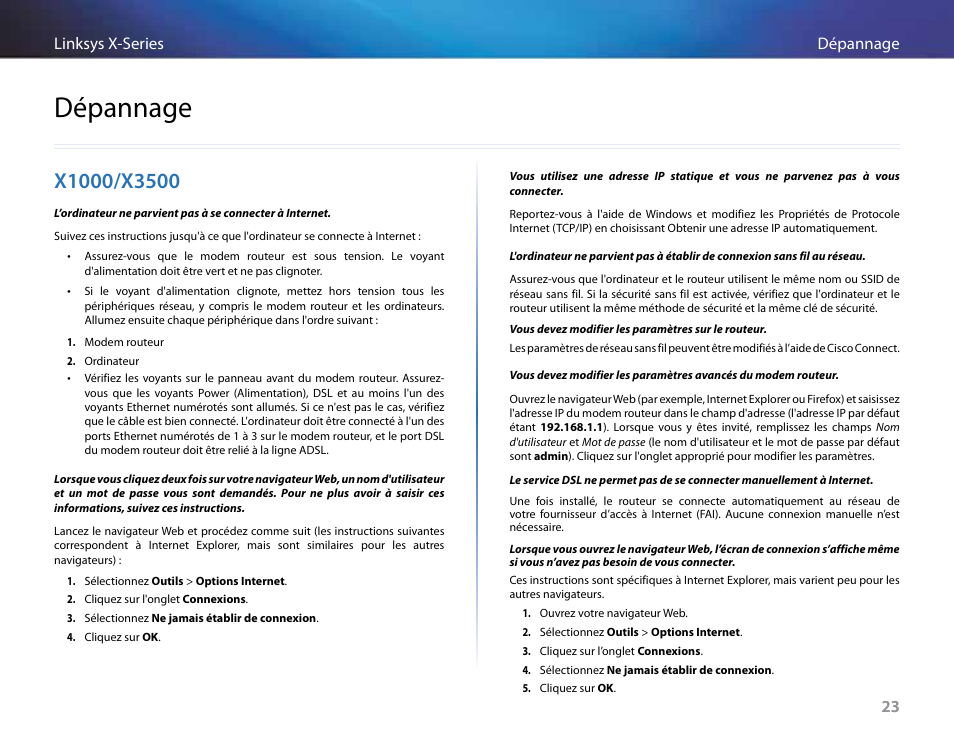 Dépannage, X1000/x3500, 23 dépannage linksys x-series 23 | Linksys X-Series User Manual | Page 281 / 765