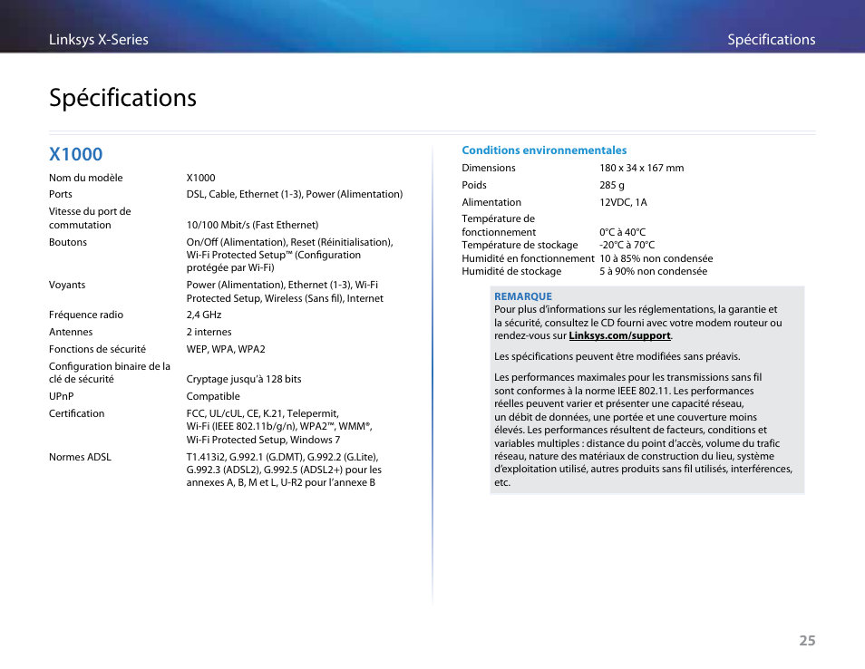 Spécifications, X1000 | Linksys X-Series User Manual | Page 283 / 765