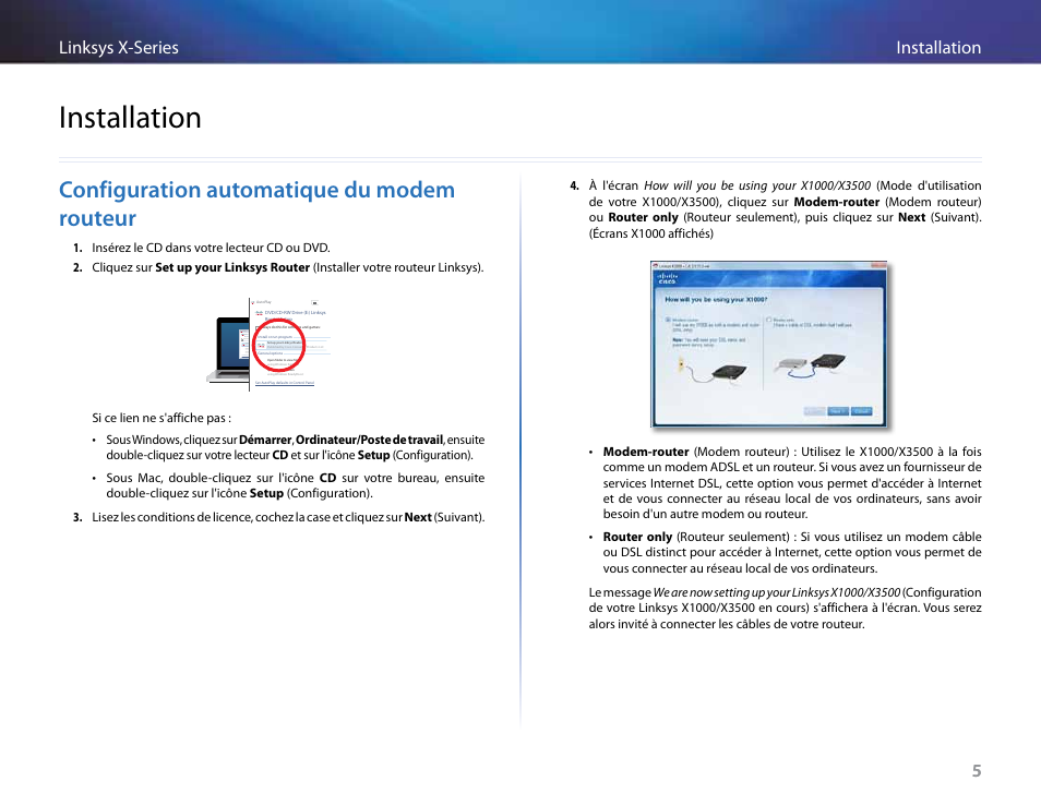 Installation, Configuration automatique du modem routeur, 5installation linksys x-series 5 | Linksys X-Series User Manual | Page 292 / 765