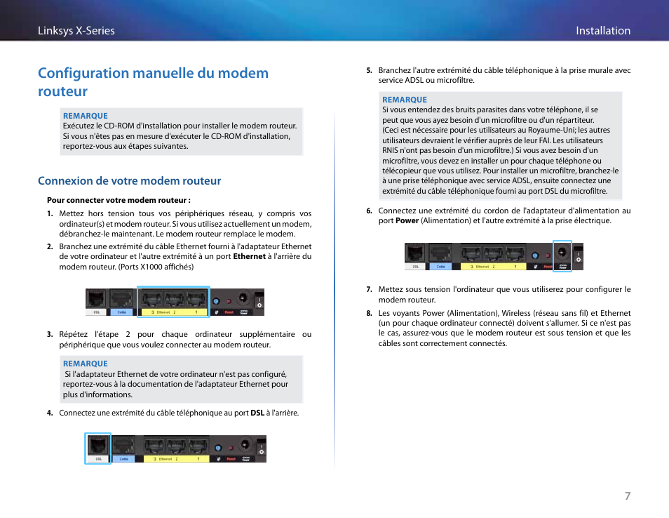 Configuration manuelle du modem routeur, Connexion de votre modem routeur | Linksys X-Series User Manual | Page 294 / 765