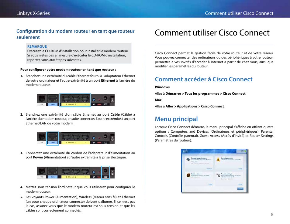 Comment utiliser cisco connect, Comment accéder à cisco connect, Menu principal | Comment accéder à cisco connect menu principal | Linksys X-Series User Manual | Page 295 / 765