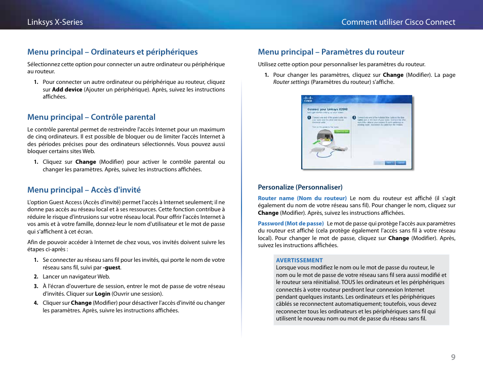 Menu principal – ordinateurs et périphériques, Menu principal – contrôle parental, Menu principal – accès d'invité | Menu principal – paramètres du routeur | Linksys X-Series User Manual | Page 296 / 765