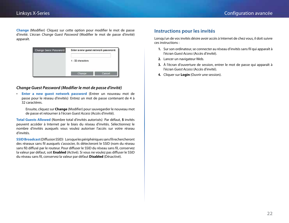 Instructions pour les invités, 22 configuration avancée linksys x-series | Linksys X-Series User Manual | Page 309 / 765