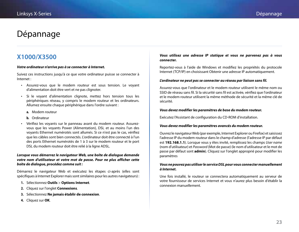 Dépannage, X1000/x3500, 23 dépannage linksys x-series 23 | Linksys X-Series User Manual | Page 310 / 765