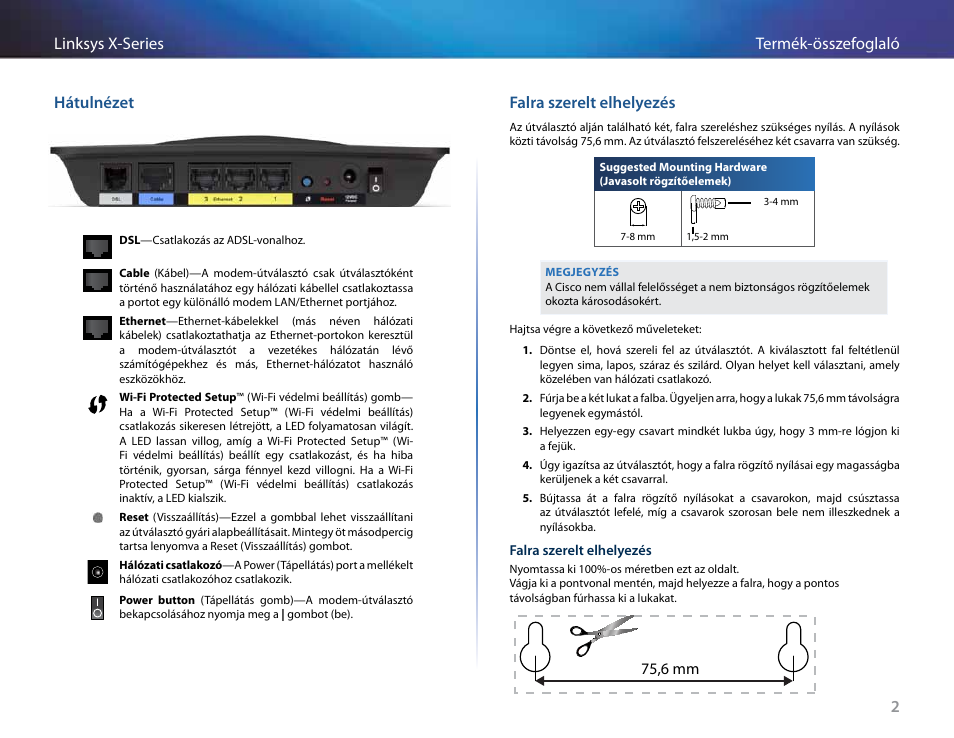 Hátulnézet, Falra szerelt elhelyezés, 2termék-összefoglaló linksys x-series hátulnézet | 75,6 mm | Linksys X-Series User Manual | Page 318 / 765