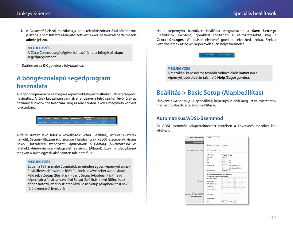 A böngészőalapú segédprogram használata, Beállítás > basic setup (alapbeállítás), Automatikus/adsl-üzemmód | Linksys X-Series User Manual | Page 327 / 765