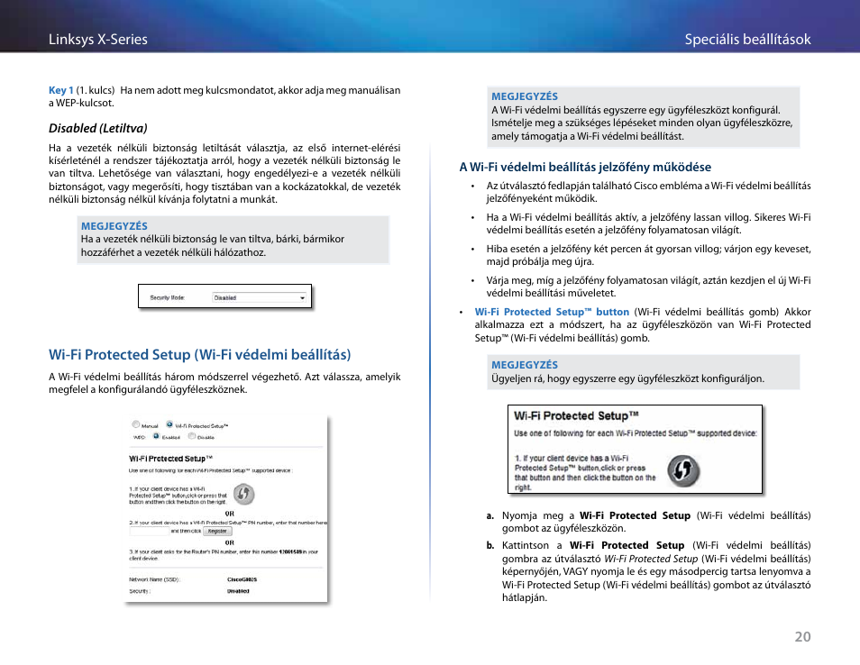 Wi-fi protected setup (wi-fi védelmi beállítás), 20 speciális beállítások linksys x-series | Linksys X-Series User Manual | Page 336 / 765