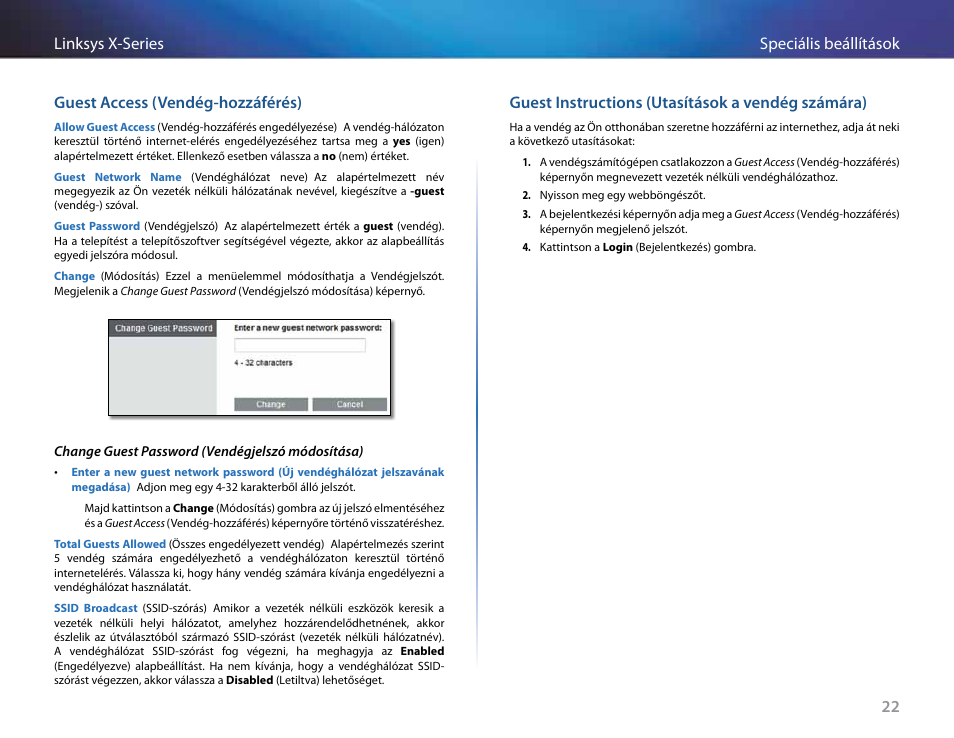 Guest access (vendég-hozzáférés), Guest instructions (utasítások a vendég számára) | Linksys X-Series User Manual | Page 338 / 765