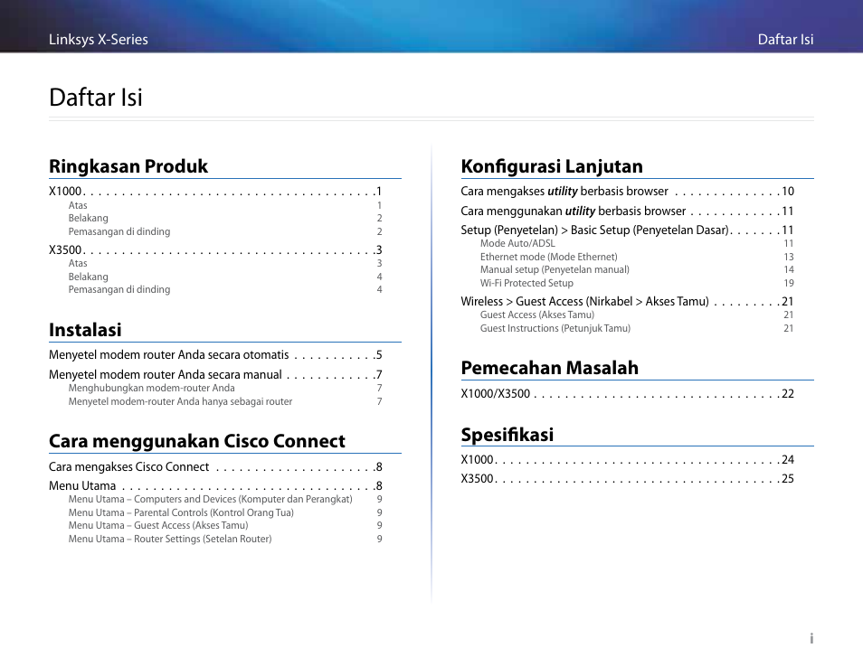 Daftar isi, Ringkasan produk, Instalasi | Cara menggunakan cisco connect, Konfigurasi lanjutan, Pemecahan masalah, Spesifikasi | Linksys X-Series User Manual | Page 345 / 765