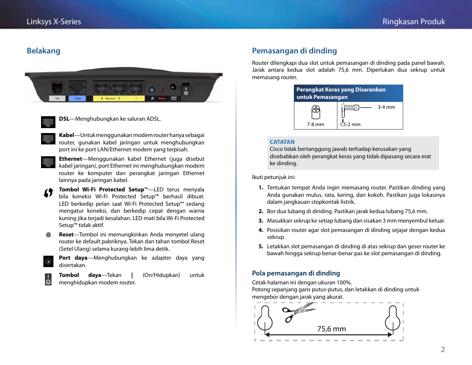 Belakang, Pemasangan di dinding, 2ringkasan produk linksys x-series belakang | 75,6 mm | Linksys X-Series User Manual | Page 347 / 765