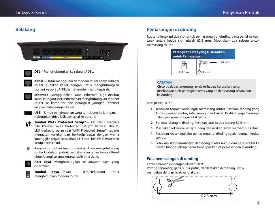 Belakang, Pemasangan di dinding, 4ringkasan produk linksys x-series belakang | Linksys X-Series User Manual | Page 349 / 765