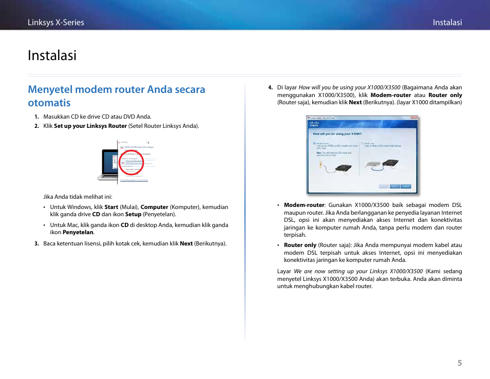 Instalasi, Menyetel modem router anda secara otomatis, 5instalasi linksys x-series 5 | Linksys X-Series User Manual | Page 350 / 765