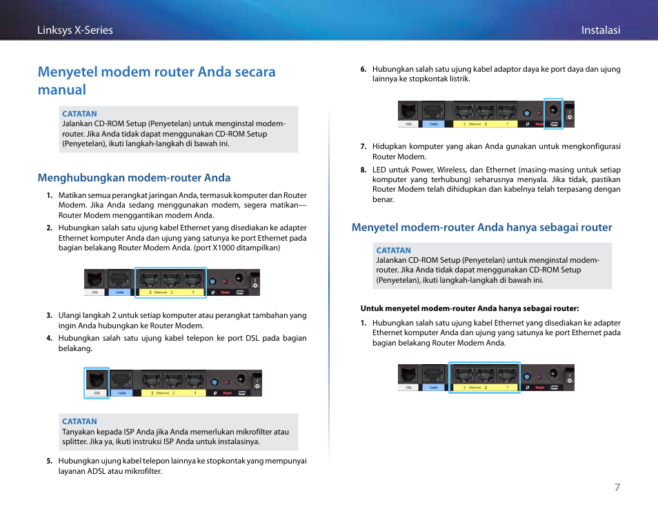 Menyetel modem router anda secara manual, Menghubungkan modem-router anda, Menyetel modem-router anda hanya sebagai router | Linksys X-Series User Manual | Page 352 / 765