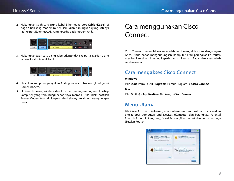 Cara menggunakan cisco connect, Cara mengakses cisco connect, Menu utama | Linksys X-Series User Manual | Page 353 / 765