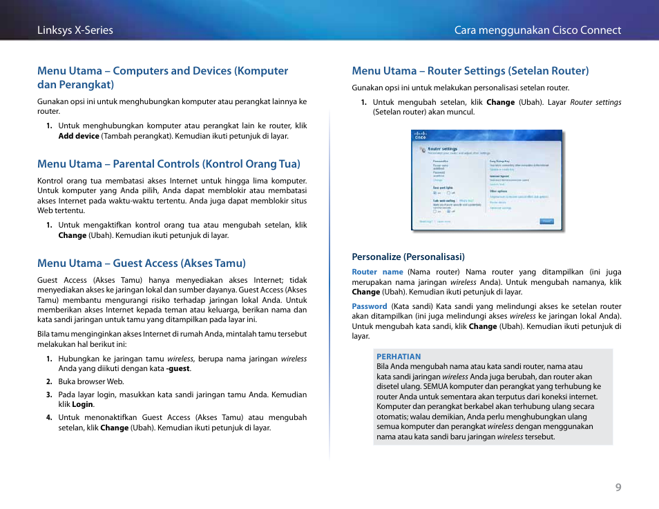 Menu utama – parental controls (kontrol orang tua), Menu utama – guest access (akses tamu), Menu utama – router settings (setelan router) | Linksys X-Series User Manual | Page 354 / 765