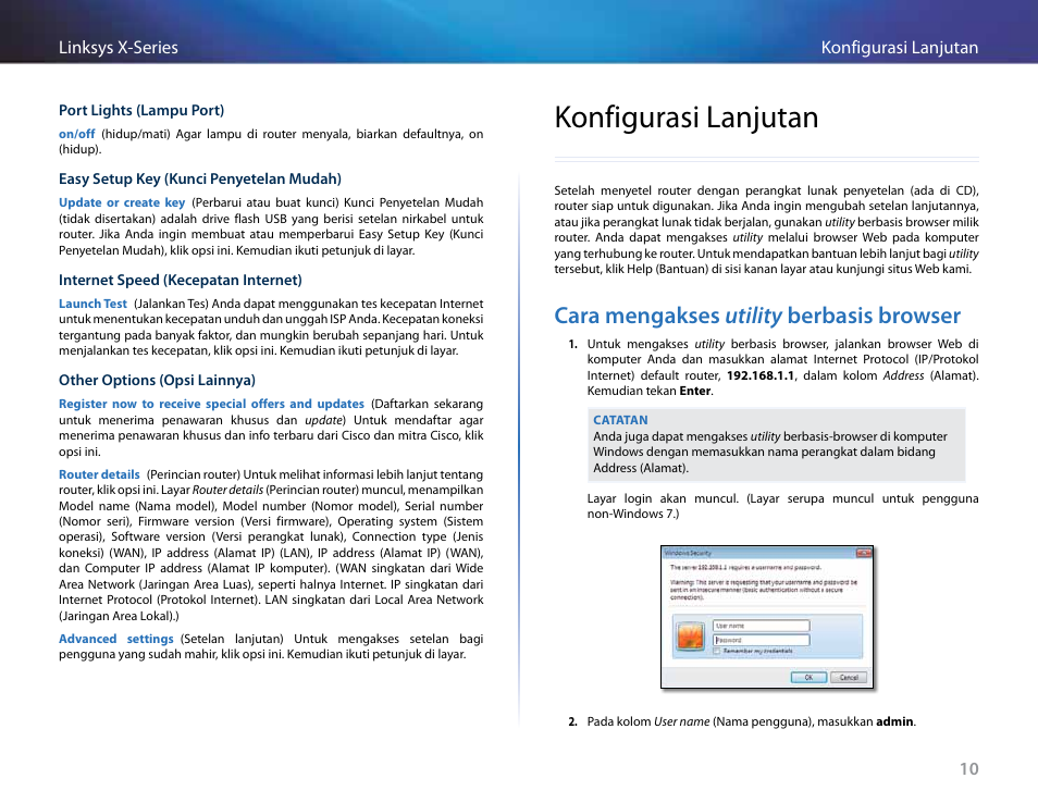 Konfigurasi lanjutan, Cara mengakses utility berbasis browser | Linksys X-Series User Manual | Page 355 / 765