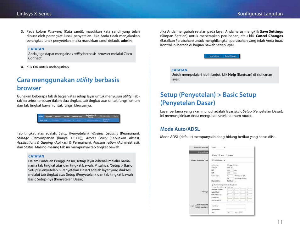 Cara menggunakan utility berbasis browser, Mode auto/adsl | Linksys X-Series User Manual | Page 356 / 765