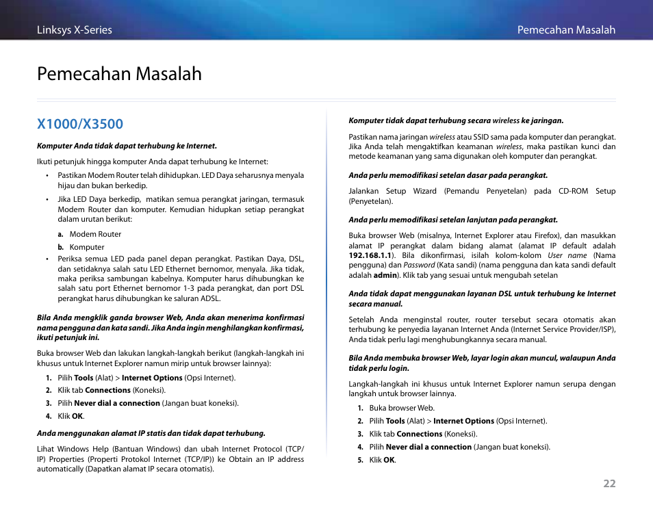 Pemecahan masalah, X1000/x3500, 22 pemecahan masalah linksys x-series 22 | Linksys X-Series User Manual | Page 367 / 765