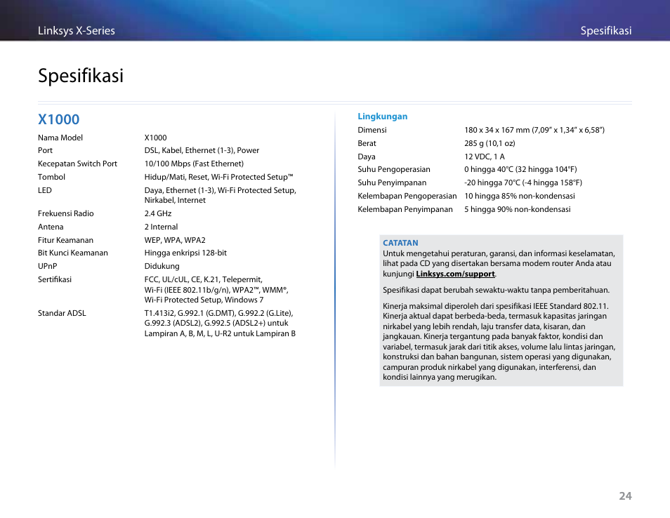 Spesifikasi, X1000 | Linksys X-Series User Manual | Page 369 / 765