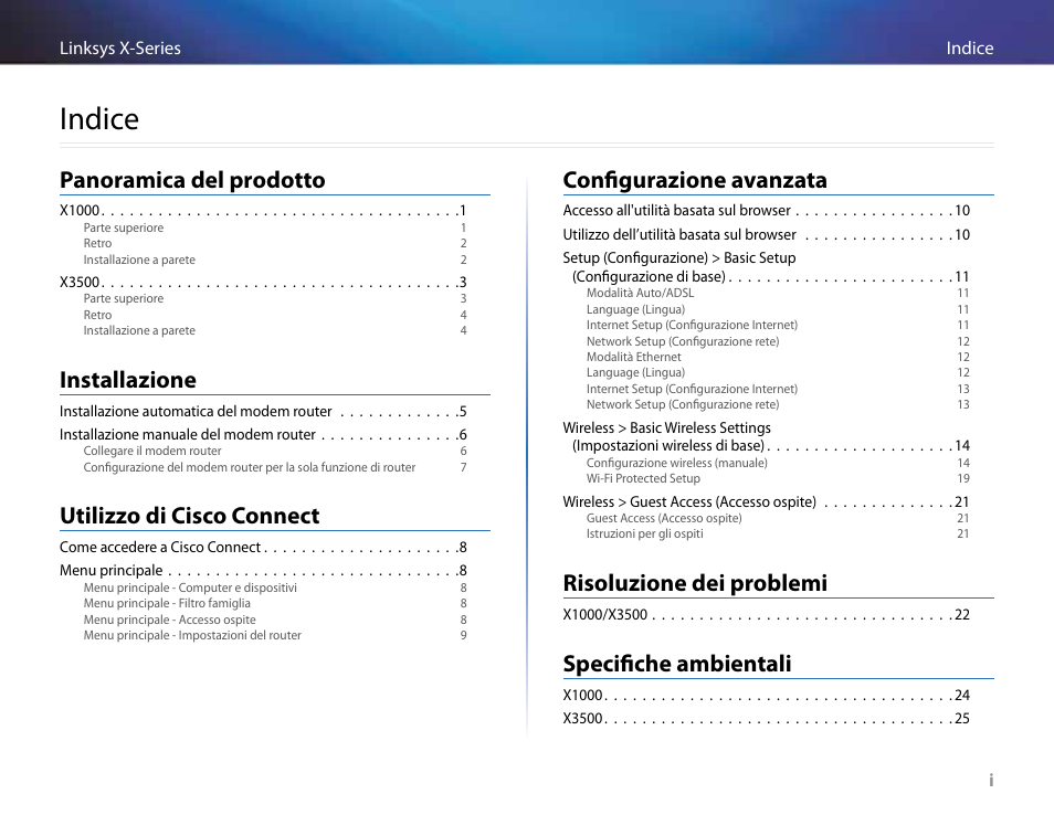 Indice, Panoramica del prodotto, Installazione | Utilizzo di cisco connect, Configurazione avanzata, Risoluzione dei problemi, Specifiche ambientali | Linksys X-Series User Manual | Page 373 / 765