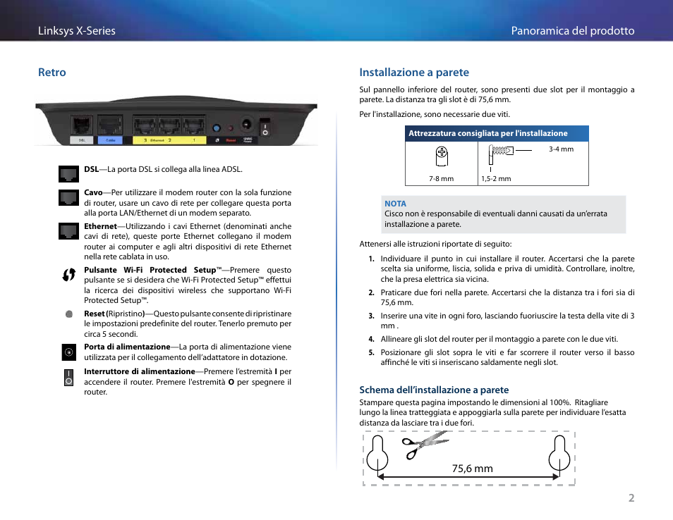 Retro, Installazione a parete, 2panoramica del prodotto linksys x-series retro | 75,6 mm | Linksys X-Series User Manual | Page 375 / 765