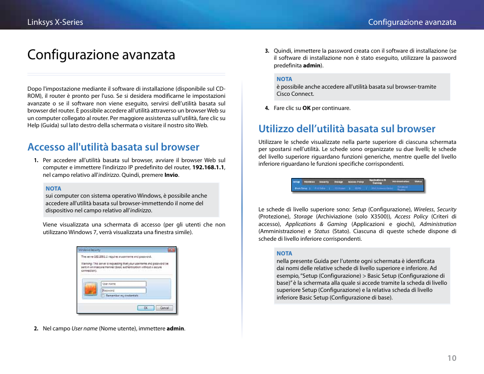 Configurazione avanzata, Accesso all'utilità basata sul browser, Utilizzo dell’utilità basata sul browser | Linksys X-Series User Manual | Page 383 / 765