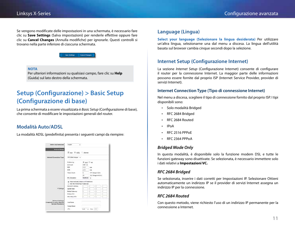 Modalità auto/adsl, Language (lingua), Internet setup (configurazione internet) | Setup (configurazione) > basic setup, Configurazione di base), 11 configurazione avanzata linksys x-series | Linksys X-Series User Manual | Page 384 / 765