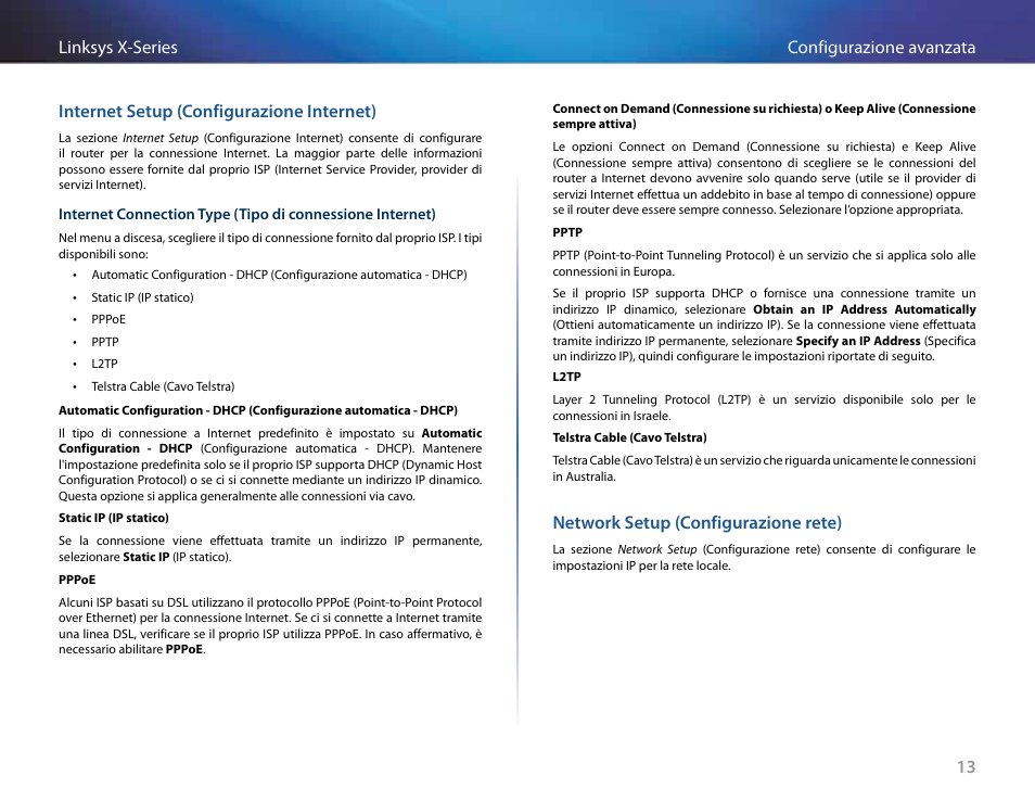 Internet setup (configurazione internet), Network setup (configurazione rete) | Linksys X-Series User Manual | Page 386 / 765