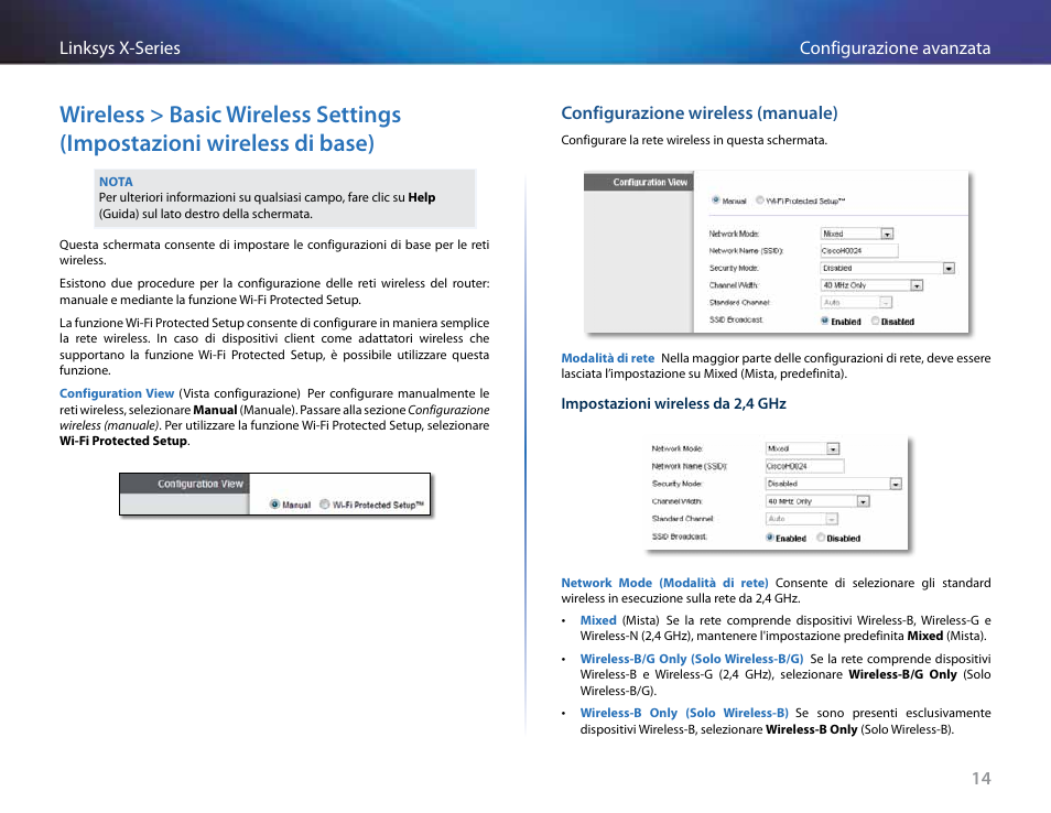 Configurazione wireless (manuale), Wireless > basic wireless settings, Impostazioni wireless di base) | 14 configurazione avanzata linksys x-series | Linksys X-Series User Manual | Page 387 / 765