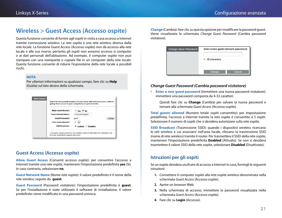 Wireless > guest access (accesso ospite), Guest access (accesso ospite), Istruzioni per gli ospiti | 21 configurazione avanzata linksys x-series | Linksys X-Series User Manual | Page 394 / 765