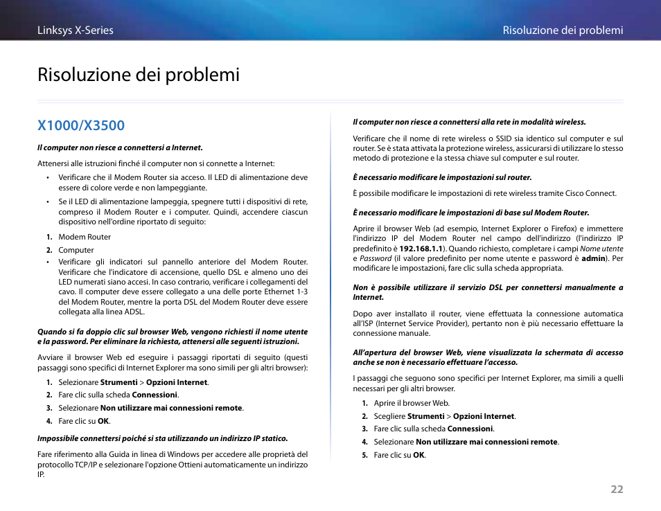 Risoluzione dei problemi, X1000/x3500, 22 risoluzione dei problemi linksys x-series 22 | Linksys X-Series User Manual | Page 395 / 765