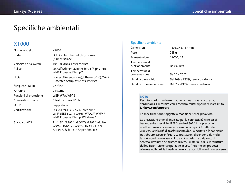 Specifiche ambientali, X1000 | Linksys X-Series User Manual | Page 397 / 765