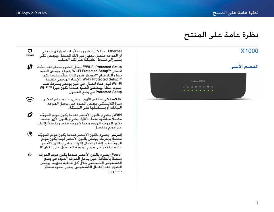 نظرة عامة على المنتج, X1000, القسم الأعلى | جتنلما ىلع ةماع ةرظن, 1 x1000, ىلعلأا مسقلا, نتنملا ىلع ةملع ةرتن | Linksys X-Series User Manual | Page 4 / 765