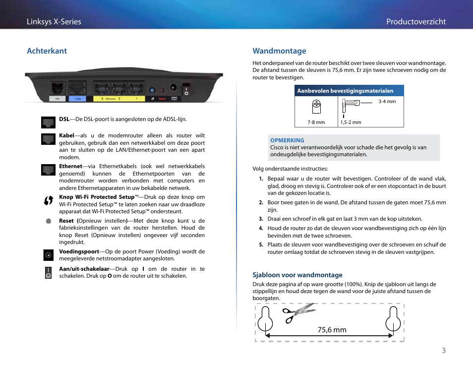 Achterkant, Wandmontage, 3productoverzicht linksys x-series achterkant | 75,6 mm | Linksys X-Series User Manual | Page 403 / 765