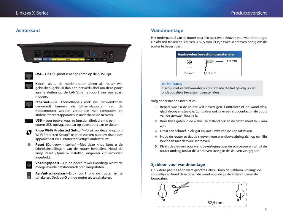 Achterkant, Wandmontage, 5productoverzicht linksys x-series achterkant | Linksys X-Series User Manual | Page 405 / 765