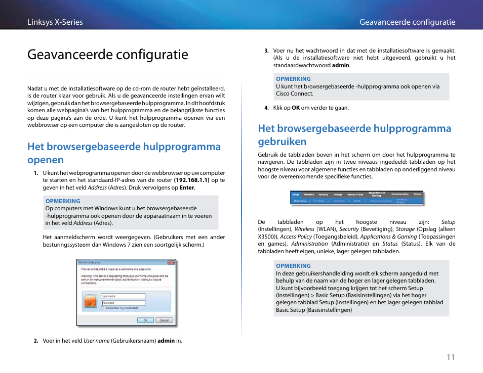 Geavanceerde configuratie, Het browsergebaseerde hulpprogramma openen, Het browsergebaseerde hulpprogramma gebruiken | Linksys X-Series User Manual | Page 411 / 765