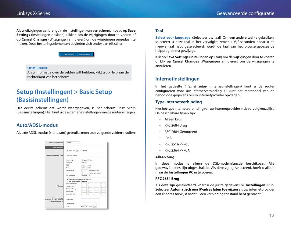 Auto/adsl-modus, Internetinstellingen, 12 geavanceerde configuratie linksys x-series | Linksys X-Series User Manual | Page 412 / 765