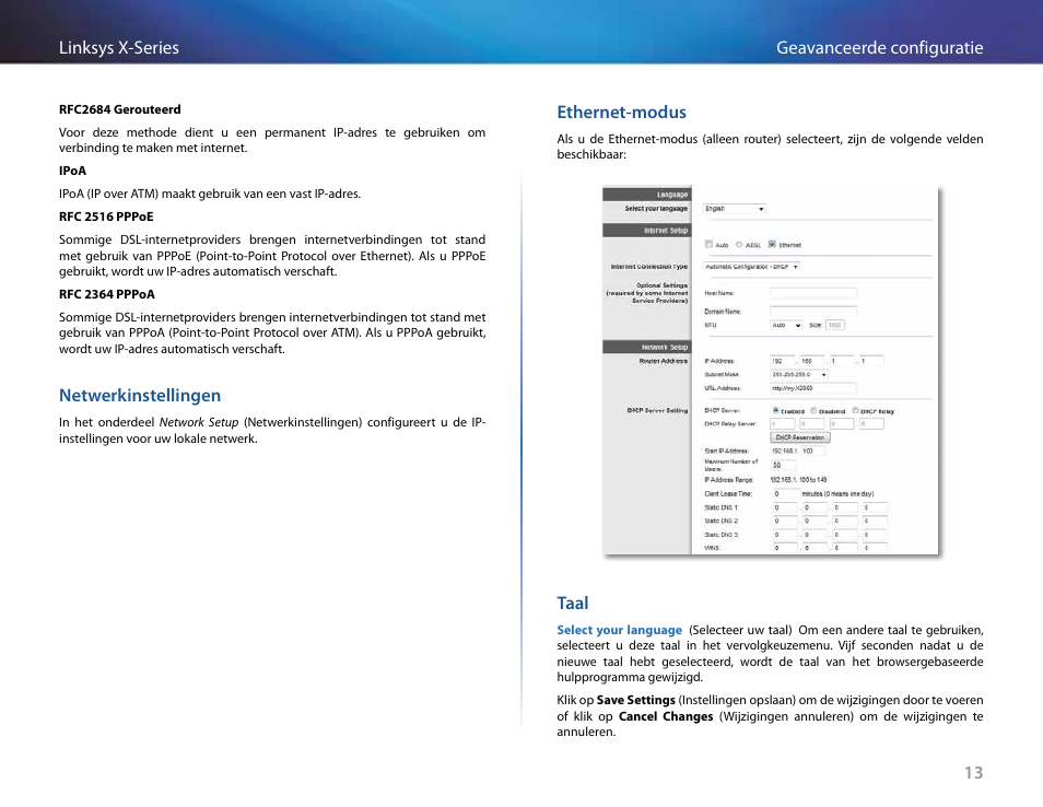 Netwerkinstellingen, Ethernet-modus, Taal | Linksys X-Series User Manual | Page 413 / 765