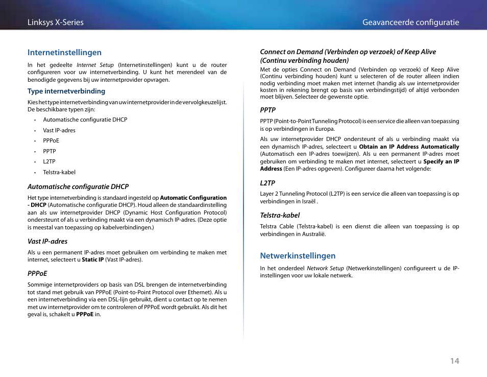 Internetinstellingen, Netwerkinstellingen | Linksys X-Series User Manual | Page 414 / 765