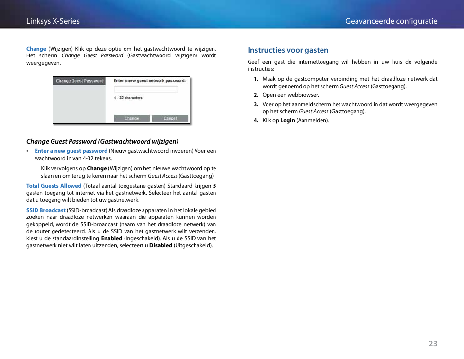 Instructies voor gasten, 23 geavanceerde configuratie linksys x-series | Linksys X-Series User Manual | Page 423 / 765