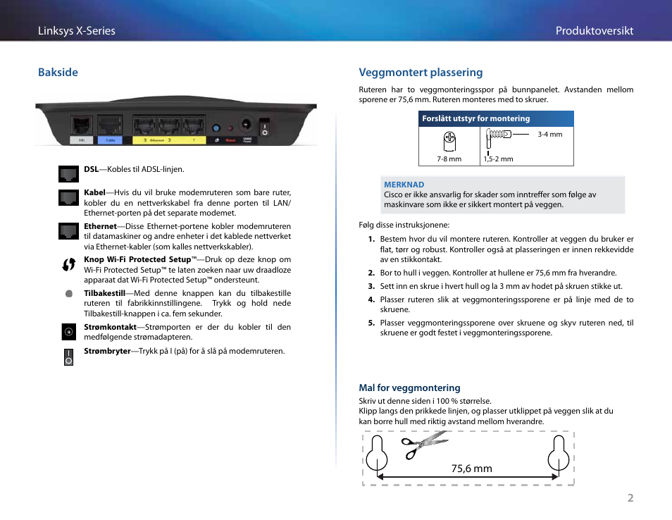 Bakside, Veggmontert plassering, 2produktoversikt linksys x-series bakside | 75,6 mm | Linksys X-Series User Manual | Page 432 / 765