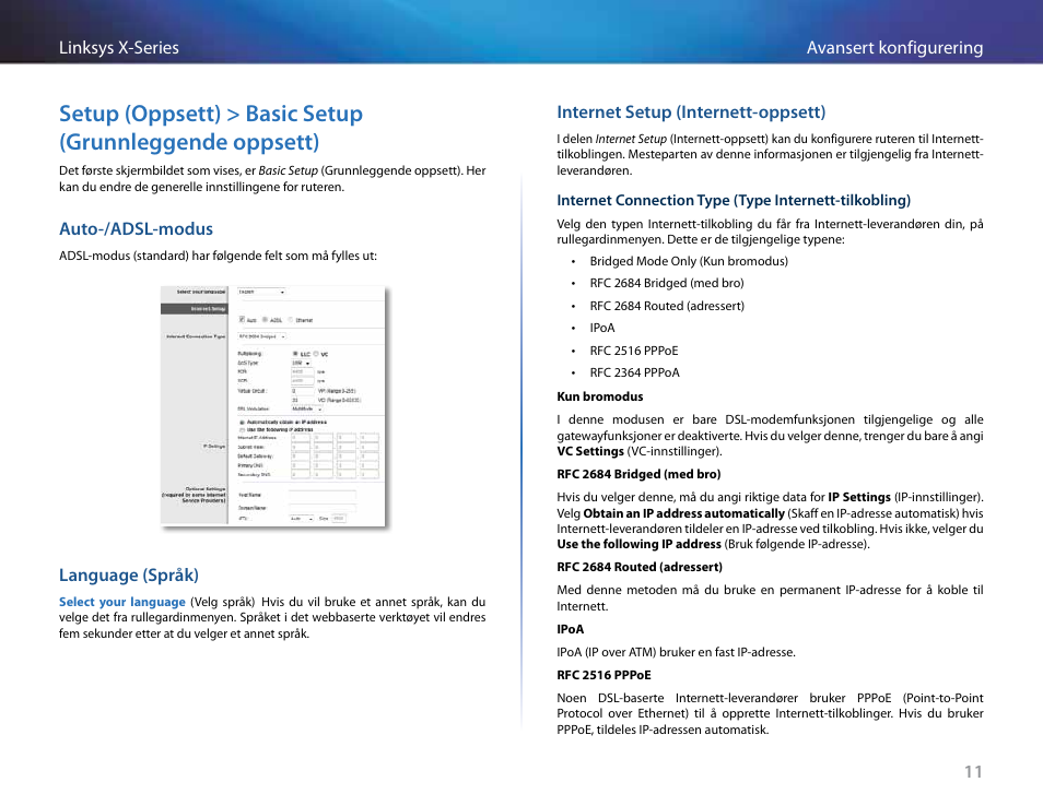 Auto-/adsl-modus, Language (språk), Internet setup (internett-oppsett) | 11 avansert konfigurering linksys x-series | Linksys X-Series User Manual | Page 441 / 765