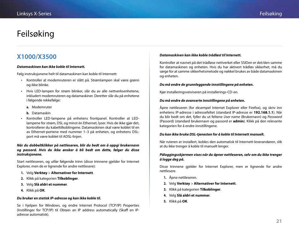 Feilsøking, X1000/x3500, 21 feilsøking linksys x-series 21 | Linksys X-Series User Manual | Page 451 / 765