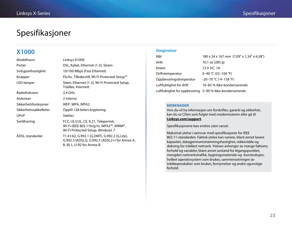 Spesifikasjoner, X1000 | Linksys X-Series User Manual | Page 453 / 765