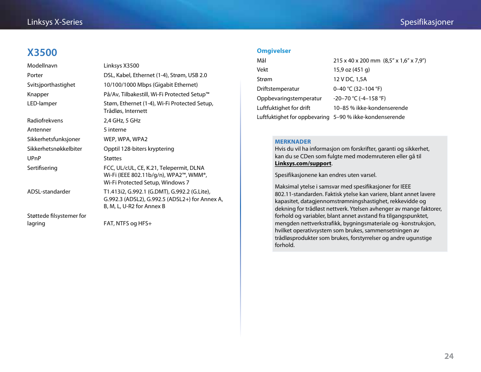 X3500, 24 spesifikasjoner linksys x-series 24 | Linksys X-Series User Manual | Page 454 / 765