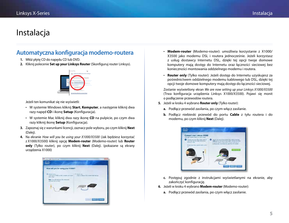 Instalacja, Automatyczna konfiguracja modemo-routera, 5instalacja linksys x-series 5 | Linksys X-Series User Manual | Page 462 / 765